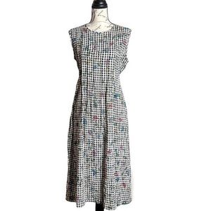 Vintage 80s Black White Check Floral Print Sleeveless Dress